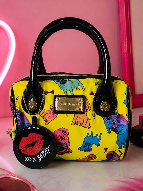 Betsey Johnson Handbags - Vintage Betsey Johnson Yellow Puppy Print Satchel Handbag Mirror Charm